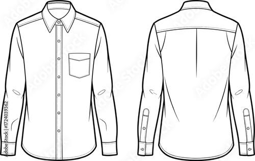Technical fashion illustration of long sleeve button up shirt front and back view with collar pocket cuffs yoke pleat curved hem