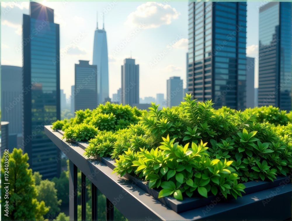 Fototapeta premium A vibrant rooftop garden with lush green plants overlooking a modern city skyline.