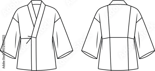 Kimono style fashion jacket illustration, technical garment sketch front and back view, loose fit wrap design, wide sleeves, minimal detailing, apparel