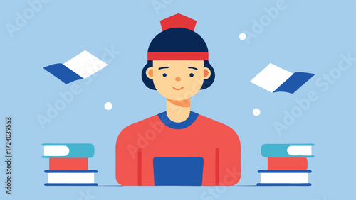 Engaged in Learning An illustration of a student in a library wearing the headband with books and notes floating around indicating the absorption of information.