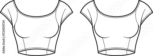 Fashion illustration, crop top design, technical flat sketch, scoop neckline, princess seam, fitted garment, apparel template, sewing pattern, clothing vector, contour fit