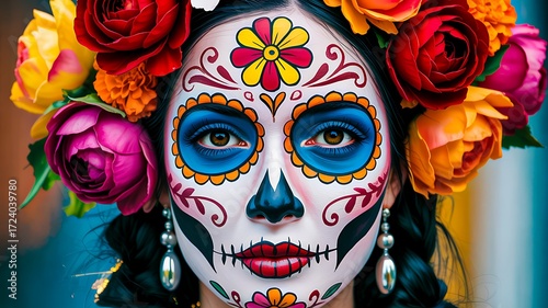 Celebrating Life and Remembrance: A mesmerizing close-up of a woman adorned in an elaborate sugar skull makeup design, she is immersed in the vibrant and celebratory spirit.