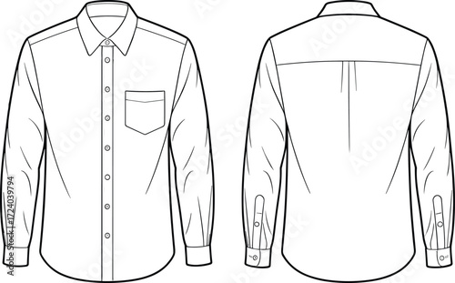 Men’s long sleeve button up shirt, front and back technical fashion illustration, apparel design template, garment construction sketch, clothing vector drawing