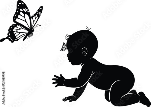 Baby and butterfly silhouette, crawling infant illustration, nature interaction scene, black design, curiosity moment, innocence, white background, flying insect