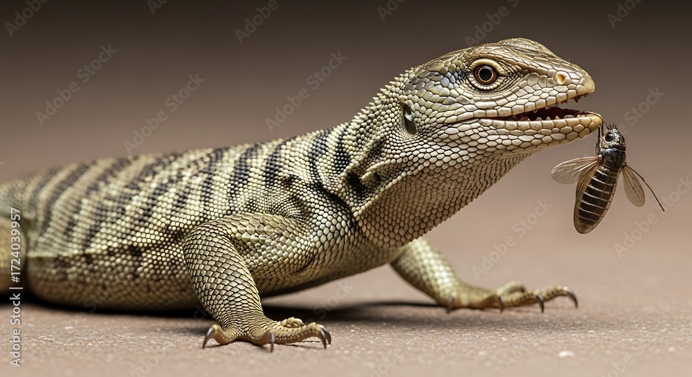 Fototapeta premium Detailed portrait of a predatory lizard with its insect prey in its mouth