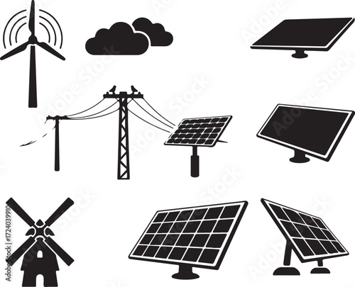 Illustration showing solar panels and a wind turbine as renewable energy sources in a field view
