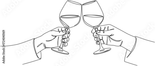 Hand drawn hands hold wine clinking glasses one line art vector illustration. Editable outline