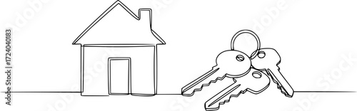 Continuous one line drawing of House and door keys vector illustration. Editable outline