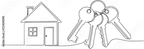 Continuous one line drawing of House and door keys vector illustration. Editable outline
