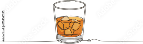 One continuous single drawing line art flat doodle whiskey, One continuous single line of hand drawn Whiskey glass with ice cubes in it isolated on white background