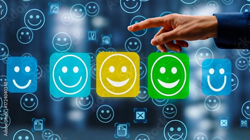 Customer Satisfaction Selection: A hand carefully selects a smiley face icon, symbolizing customer feedback, surrounded by similar icons. Reflecting the importance of feedback in assessing quality.