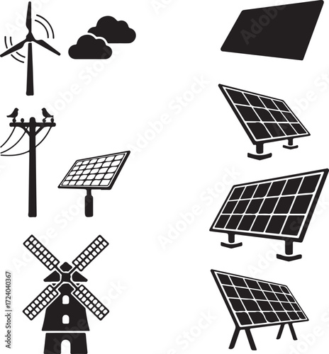 Black and white illustration of renewable energy with solar panels and wind turbines generating clean power

