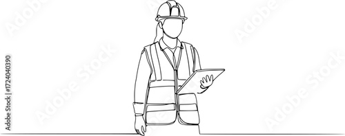 Continuous one line art drawing of female civil engineer vector illustration, Female construction worker. Continuous line style. Hand drawn. One line. Vector design. illustration. 