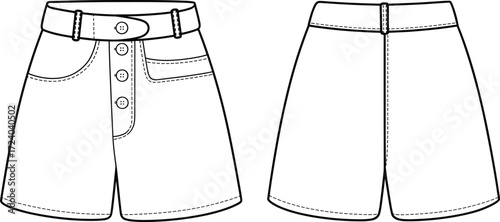 High Waist Button Fly Denim Shorts Flat Sketch, Front and Back View, Fashion Technical Drawing for Apparel Design and Clothing Illustration