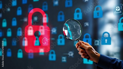 Digital Security: a digital padlock and magnifying glass and highlighting the importance of data protection.