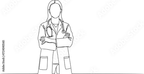 Single continuous line drawing a female doctor standing confidently with her arms crossed, One continuous line drawing female doctor with stethoscope.