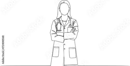 Single continuous line drawing a female doctor standing confidently with her arms crossed, One continuous line drawing female doctor with stethoscope.