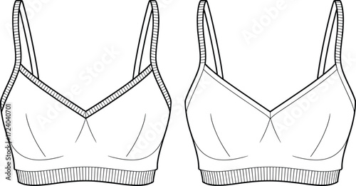 Women’s bralette fashion flat sketch, sports bra technical drawing, lingerie design template, apparel pattern illustration, seamless underwear outline, clothing construction vector