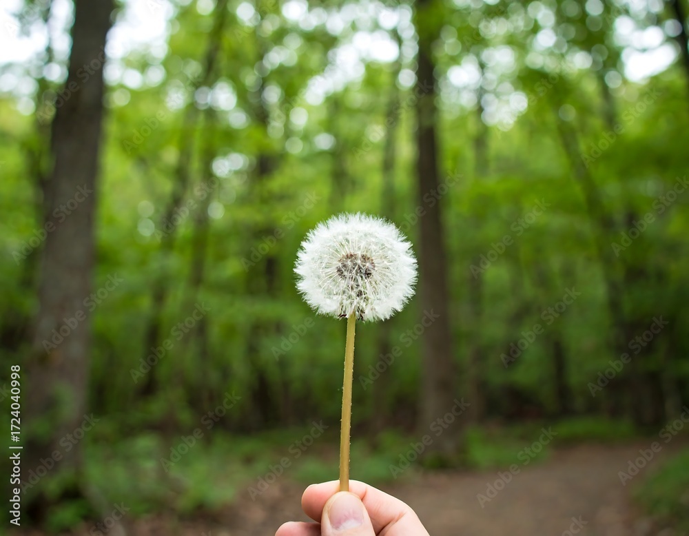 Fototapeta premium A dandelion held in hand, bathed in forest light