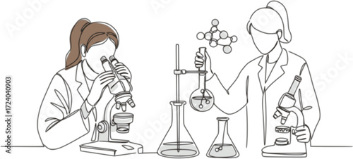 Continuous one line drawing of female scientist researching antibiotic formula using microscope, Single line art illustration of scientist and laboratory equipment Set. Editable vector.