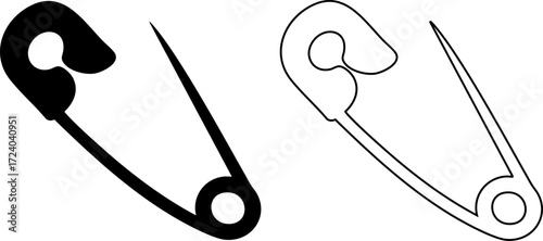 Two safety pins line art graphic design element Black and white vector illustration