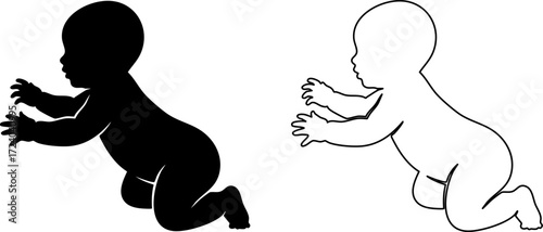 Baby crawling silhouette and outline Vector illustration Simple design Isolated on whit