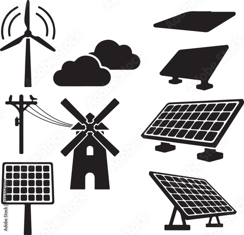 Energy Saving Vector Icon Set | Adjustable Line Weight | Solar panel, wind turbine, electric car, eco home, charger, renewable, plug, sustainability, energy, power
