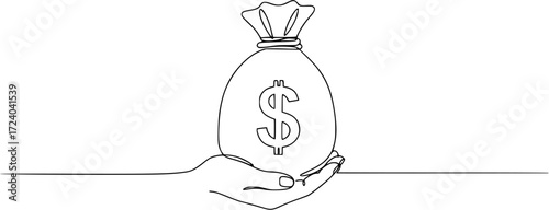 Dollar money bag single line drawing. Hand holding coin continuous one line drawing, Continuous one line drawing of money bag. Money storage and investment single Line art