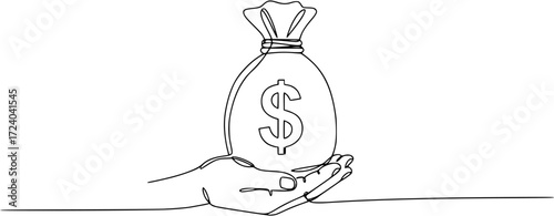 Dollar money bag single line drawing. Hand holding coin continuous one line drawing, Continuous one line drawing of money bag. Money storage and investment single Line art