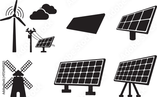 Clean energy icons featuring solar panel and wind turbines
