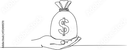 Dollar money bag single line drawing. Hand holding coin continuous one line drawing, Continuous one line drawing of money bag. Money storage and investment single Line art
