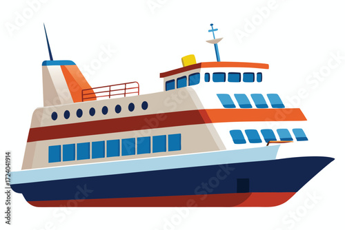 Cartoon ferry boat with blue windows and white hull sails on the open sea