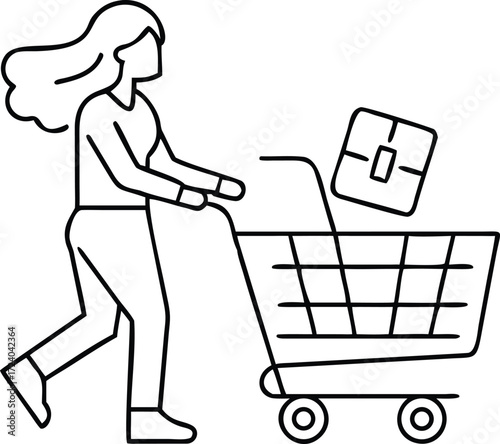 Minimalist line art of a woman pushing a shopping cart with a box