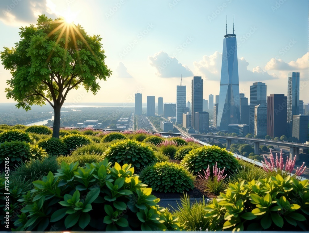 Fototapeta premium A green park with a tree overlooks a city skyline with skyscrapers at sunrise, highlighting urban nature.