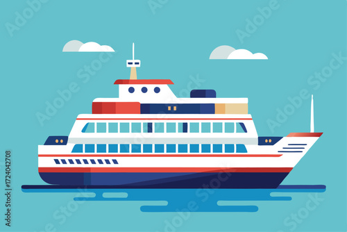 Simple vessel cruises against a light blue background with white clouds above the flat water
