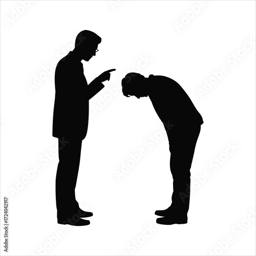 Black and white silhouette of two men in confrontational stance, one pointing, one bowing, business and casual attire, isolated vector
