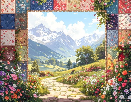 A patchwork frame unveils a scenic valley