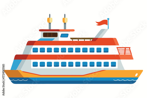 A colorful flat boat with red roof has a nautical flag flying