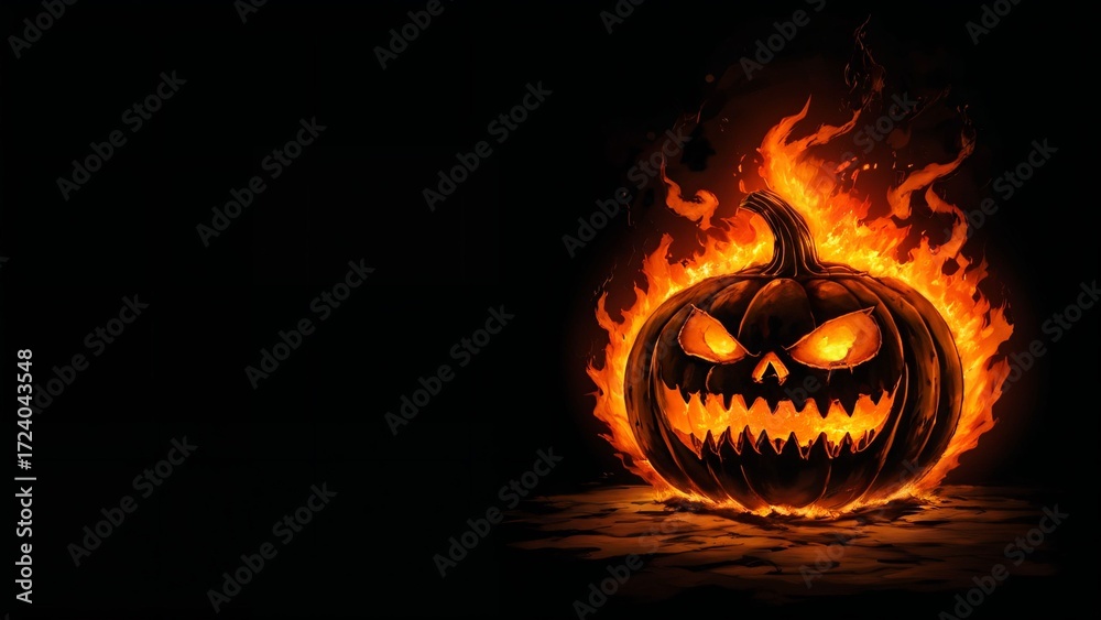 Fototapeta premium Flaming Evil Pumpkin on Black