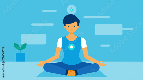 Activity Tracker An individual doing yoga while wearing a fitness band that shows a glowing icon for active minutes with a background of a serene indoor environment.