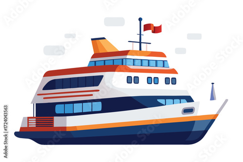 Modern ferry boat floats on water with a red flag waving in bright sunlight
