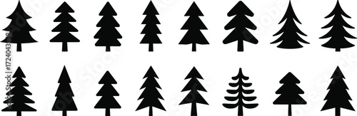 Evergreen tree silhouette illustration, sixteen stylized conifer shapes with varied branch structures black white layout, forest vector clipart artwork design