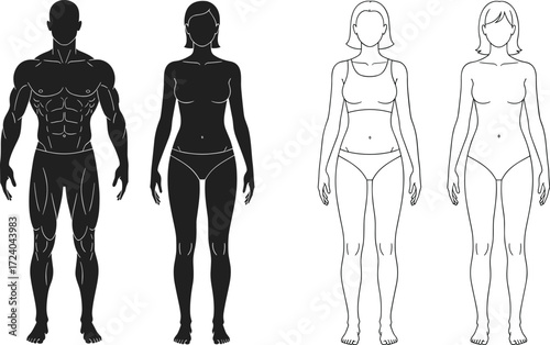 Business team silhouette, professional people in suits, corporate group illustration, workplace diversity, standing pose, black outline, office attire