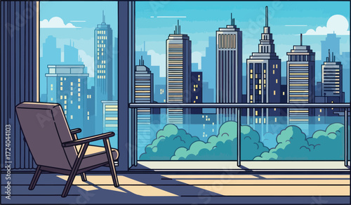 Relaxing armchair overlooks dynamic city skyline through large window on sunny day