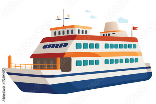 Cartoon ferry boat sailing peacefully under the blue clouds in the clear sky