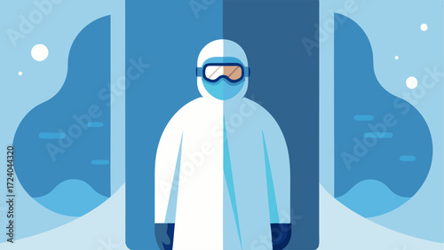 Client in Chamber A side view of a person standing inside a cryotherapy chamber wearing protective goggles and gloves with a serene expression as cold mist surrounds them.