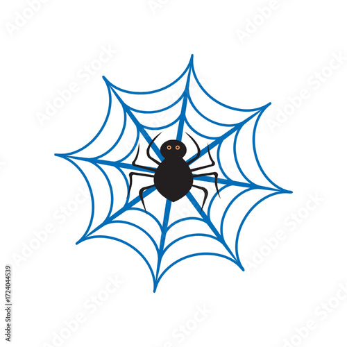 Black spider on a bright blue spiderweb. Isolated design element for Halloween, illustration vector.