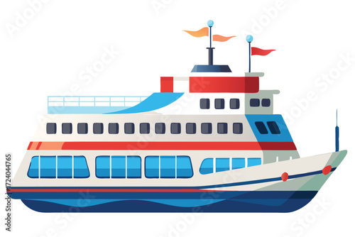 The modern passenger ferry is equipped with flags and is ready for voyage