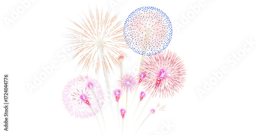 Pink easter eggs and a pink flower on white are surrounded by a fluffy dandelion seed flying on the spring wind against a vibrant purple and green sky