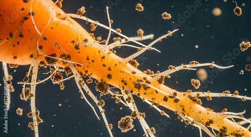 Detailed Macro Photography Of A Carrot Root With Emerging Rootlets And Soil Particles